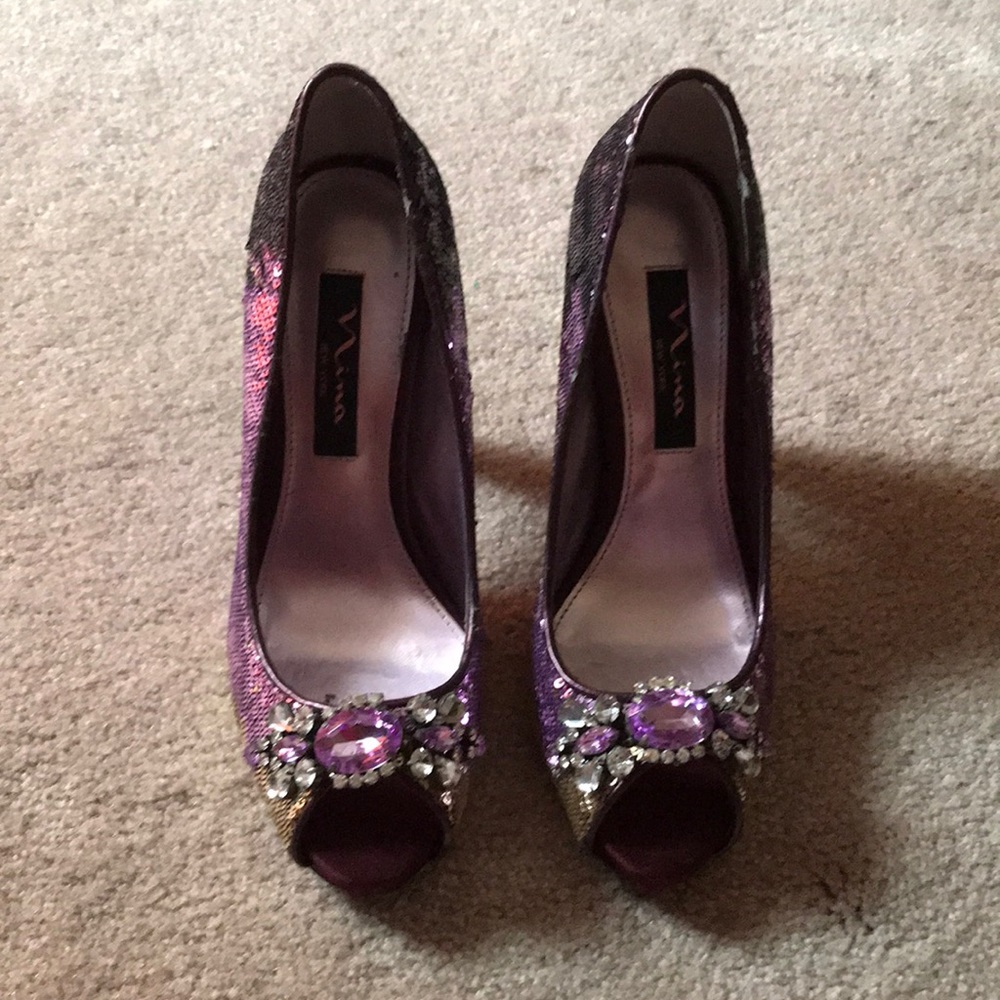 NINA SEQUIN PEEP TOE JEWEL ENCRUSTED PUMPS